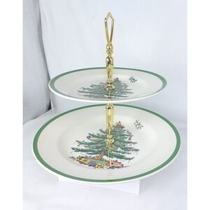 Vintage SPODE Christmas Tree Double Tier Tray in Original Box 8" And 10"